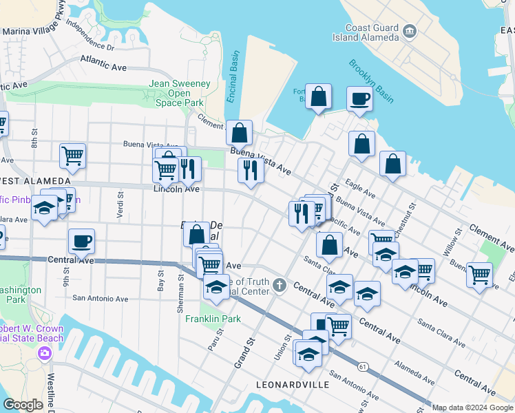 map of restaurants, bars, coffee shops, grocery stores, and more near 1539 Lincoln Avenue in Alameda