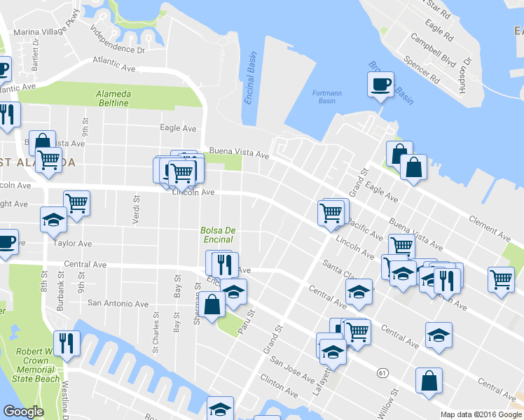 map of restaurants, bars, coffee shops, grocery stores, and more near 1539 Lincoln Avenue in Alameda