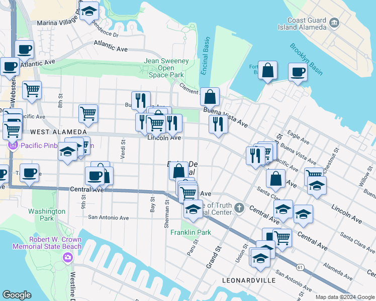 map of restaurants, bars, coffee shops, grocery stores, and more near 1534 Morton Street in Alameda