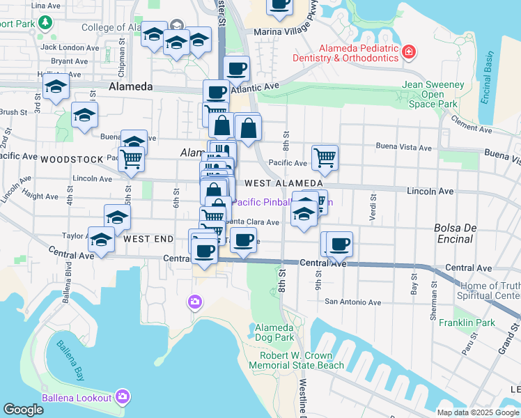 map of restaurants, bars, coffee shops, grocery stores, and more near 759 Haight Avenue in Alameda