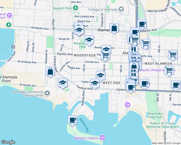 map of restaurants, bars, coffee shops, grocery stores, and more near 433 Haight Avenue in Alameda
