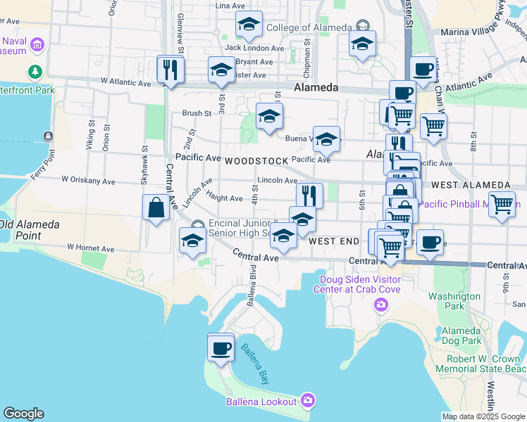 map of restaurants, bars, coffee shops, grocery stores, and more near 347 Haight Avenue in Alameda