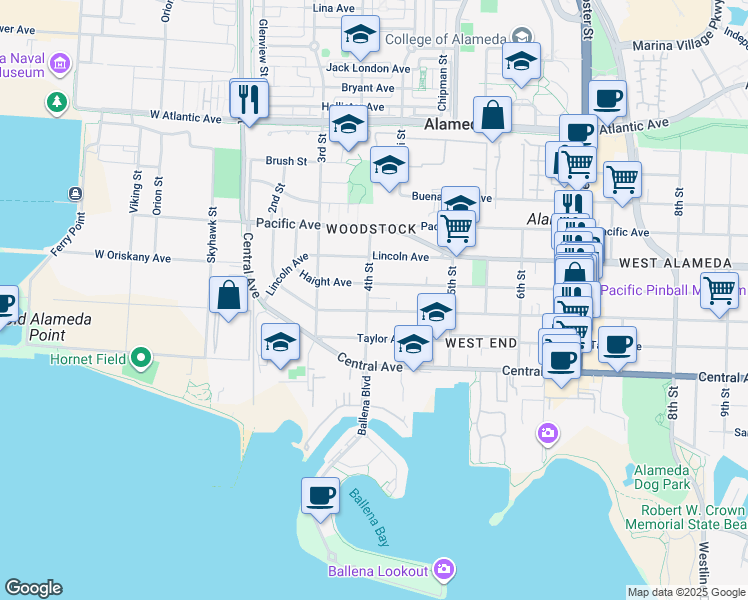 map of restaurants, bars, coffee shops, grocery stores, and more near 347 Haight Avenue in Alameda