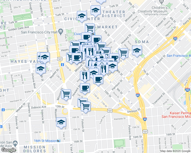 map of restaurants, bars, coffee shops, grocery stores, and more near 1325 Howard Street in San Francisco