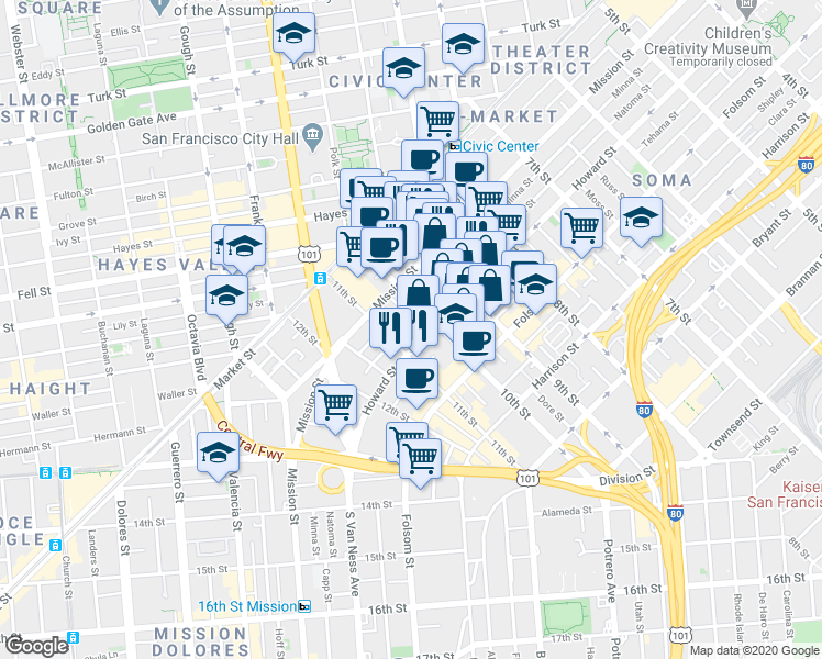 map of restaurants, bars, coffee shops, grocery stores, and more near 155 10th Street in San Francisco