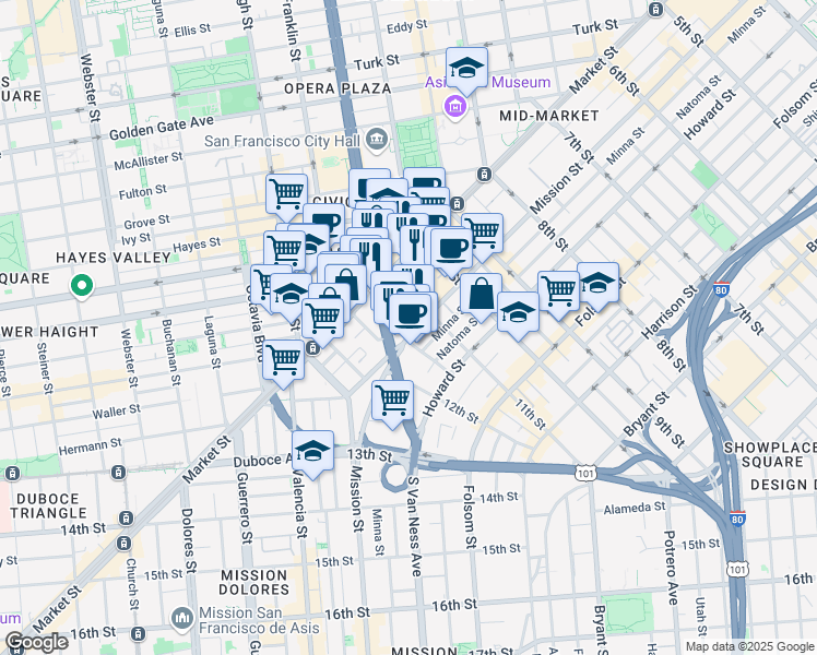 map of restaurants, bars, coffee shops, grocery stores, and more near 86 11th Street in San Francisco