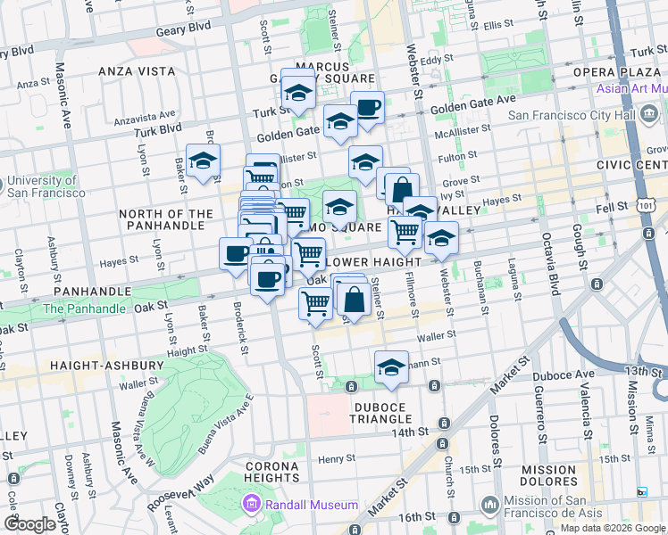 map of restaurants, bars, coffee shops, grocery stores, and more near 415 Pierce Street in San Francisco