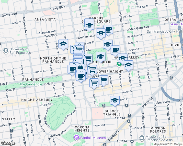 map of restaurants, bars, coffee shops, grocery stores, and more near 503 Scott Street in San Francisco
