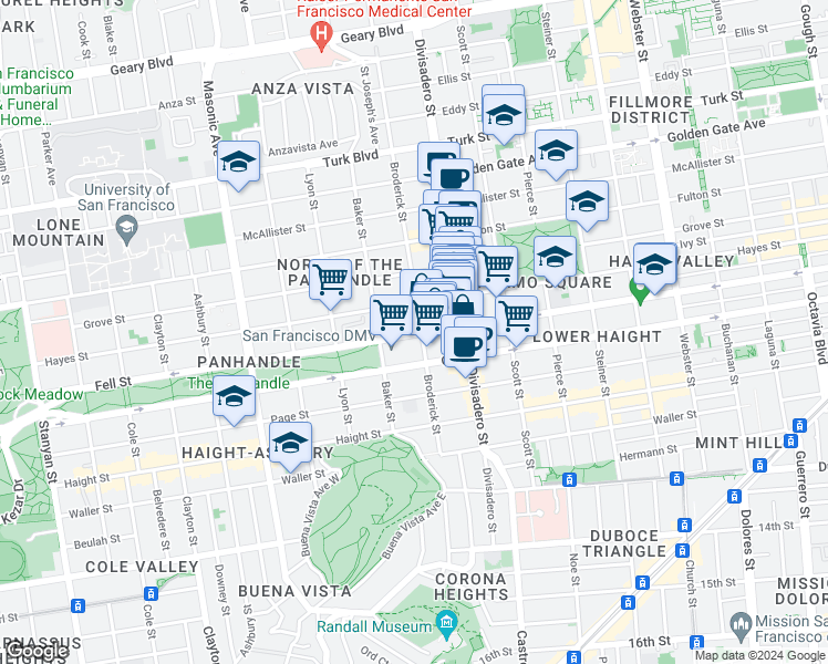 map of restaurants, bars, coffee shops, grocery stores, and more near 1369 Hayes Street in San Francisco