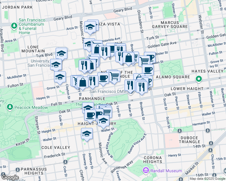 map of restaurants, bars, coffee shops, grocery stores, and more near 1634 Hayes Street in San Francisco