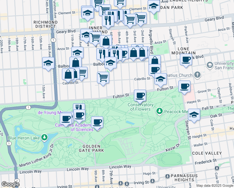 map of restaurants, bars, coffee shops, grocery stores, and more near 765 5th Avenue in San Francisco