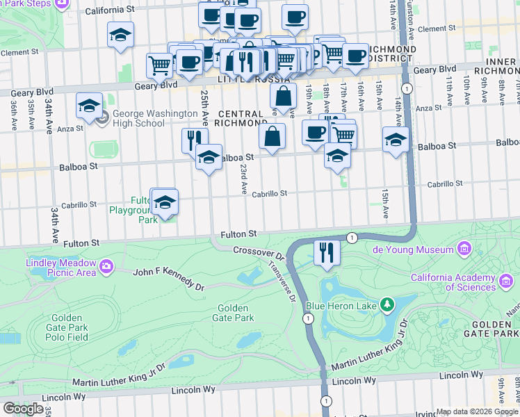 map of restaurants, bars, coffee shops, grocery stores, and more near 2045 Cabrillo Street in San Francisco