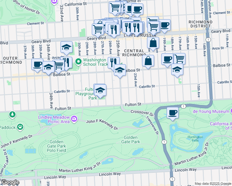 map of restaurants, bars, coffee shops, grocery stores, and more near 2500 Cabrillo Street in San Francisco