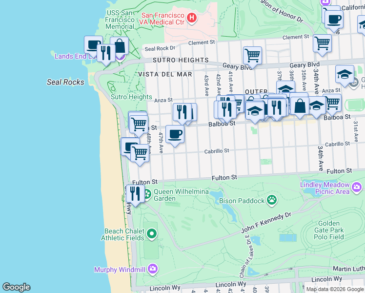 map of restaurants, bars, coffee shops, grocery stores, and more near 736 46th Avenue in San Francisco