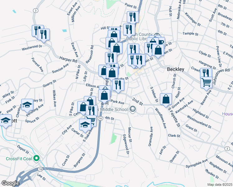 map of restaurants, bars, coffee shops, grocery stores, and more near 201-299 1st Street in Beckley