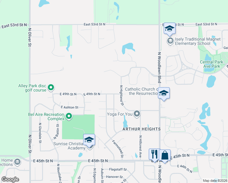 map of restaurants, bars, coffee shops, grocery stores, and more near 5718 E 49th Street North in Bel Aire