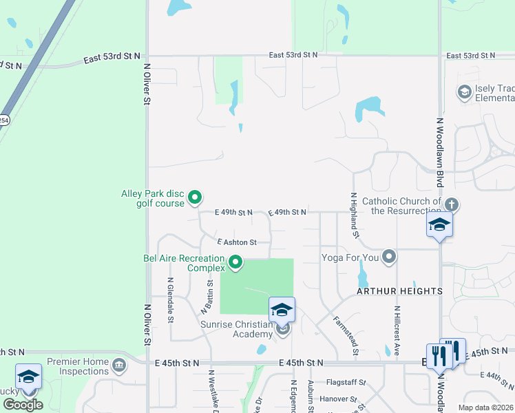 map of restaurants, bars, coffee shops, grocery stores, and more near 5408 E 49th Street North in Bel Aire