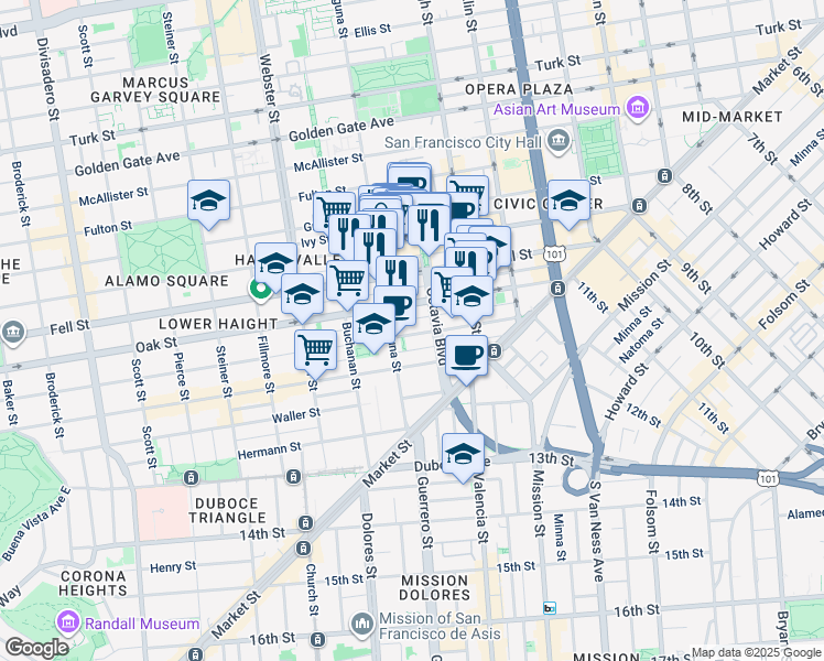 map of restaurants, bars, coffee shops, grocery stores, and more near 250 Page Street in San Francisco
