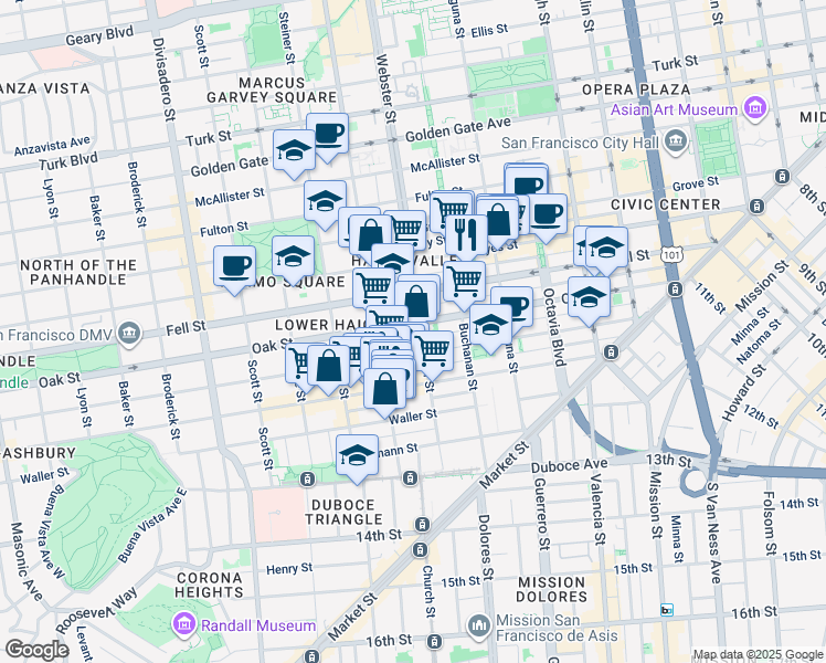 map of restaurants, bars, coffee shops, grocery stores, and more near 638 Oak Street in San Francisco