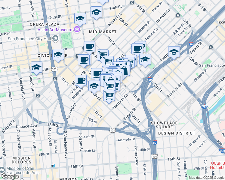 map of restaurants, bars, coffee shops, grocery stores, and more near in San Francisco