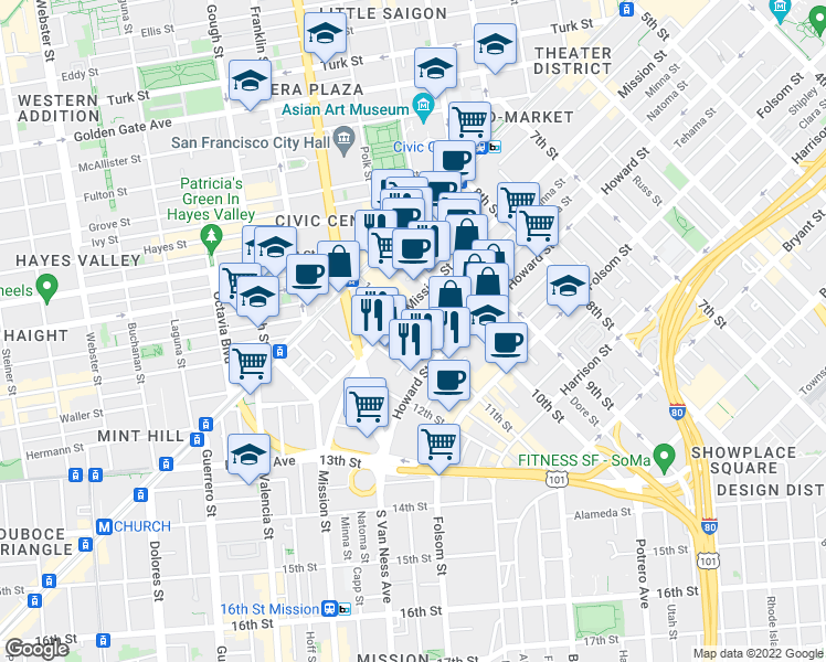 map of restaurants, bars, coffee shops, grocery stores, and more near Minna Street & 11th Street in San Francisco