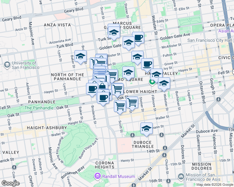 map of restaurants, bars, coffee shops, grocery stores, and more near 503 Scott Street in San Francisco