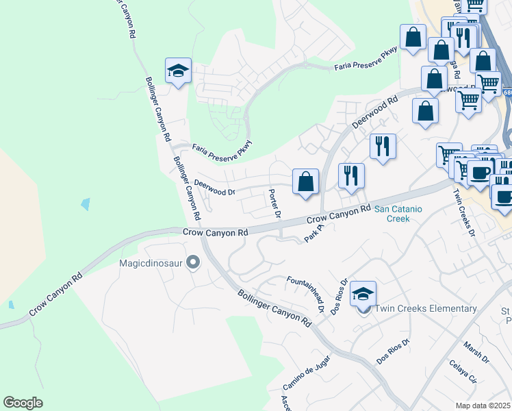map of restaurants, bars, coffee shops, grocery stores, and more near 145 Shadowhill Circle in San Ramon