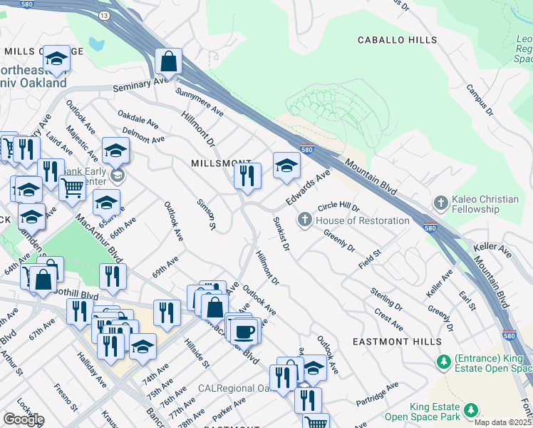 map of restaurants, bars, coffee shops, grocery stores, and more near 6927 Sunkist Drive in Oakland