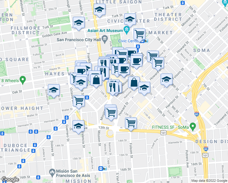 map of restaurants, bars, coffee shops, grocery stores, and more near 86 11th Street in San Francisco