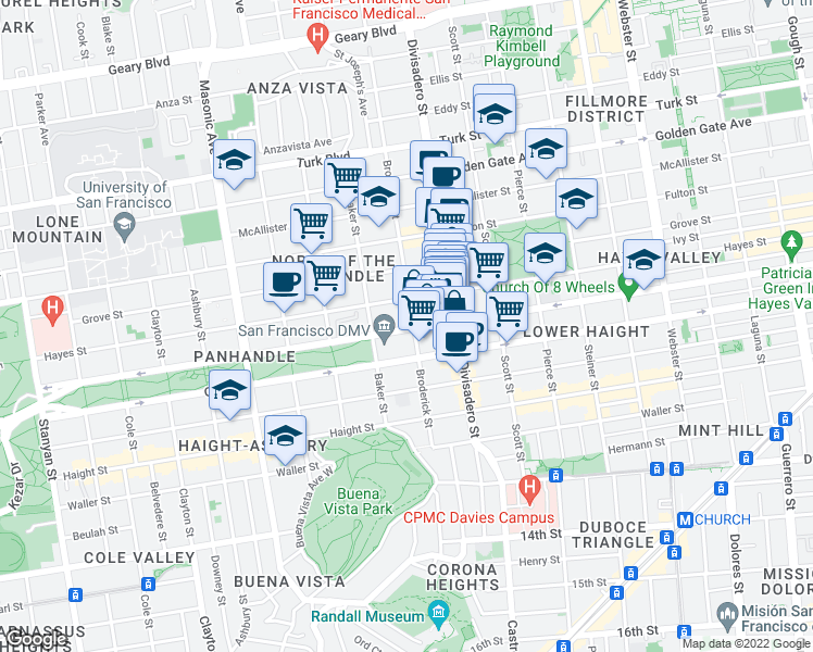 map of restaurants, bars, coffee shops, grocery stores, and more near 1369 Hayes Street in San Francisco