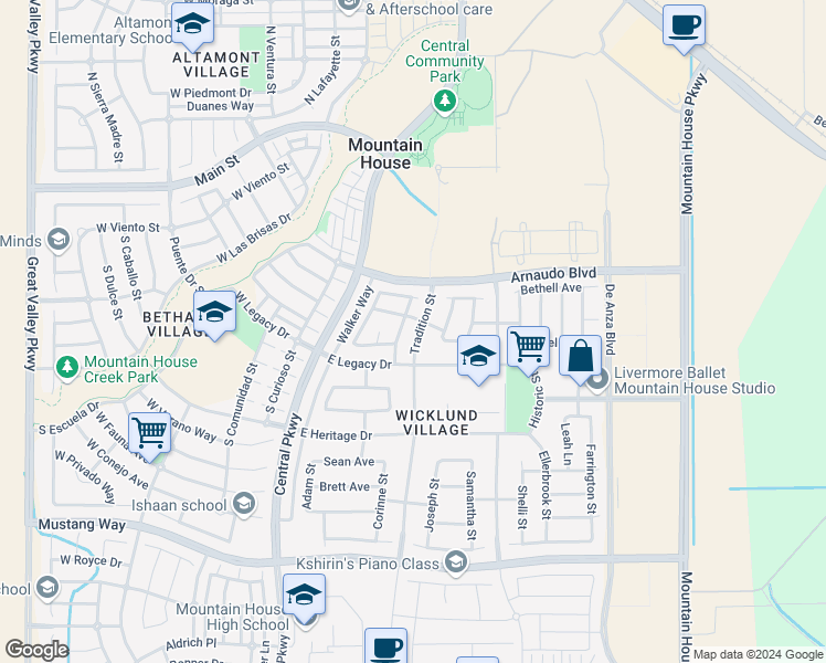 map of restaurants, bars, coffee shops, grocery stores, and more near 419 South Tradition Street in Tracy