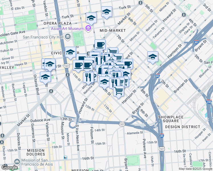 map of restaurants, bars, coffee shops, grocery stores, and more near 1325 Howard Street in San Francisco