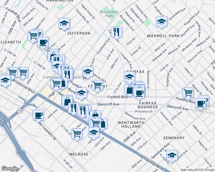 map of restaurants, bars, coffee shops, grocery stores, and more near 2015 50th Avenue in Oakland