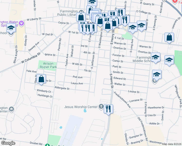 map of restaurants, bars, coffee shops, grocery stores, and more near 814 S Jefferson St in Farmington