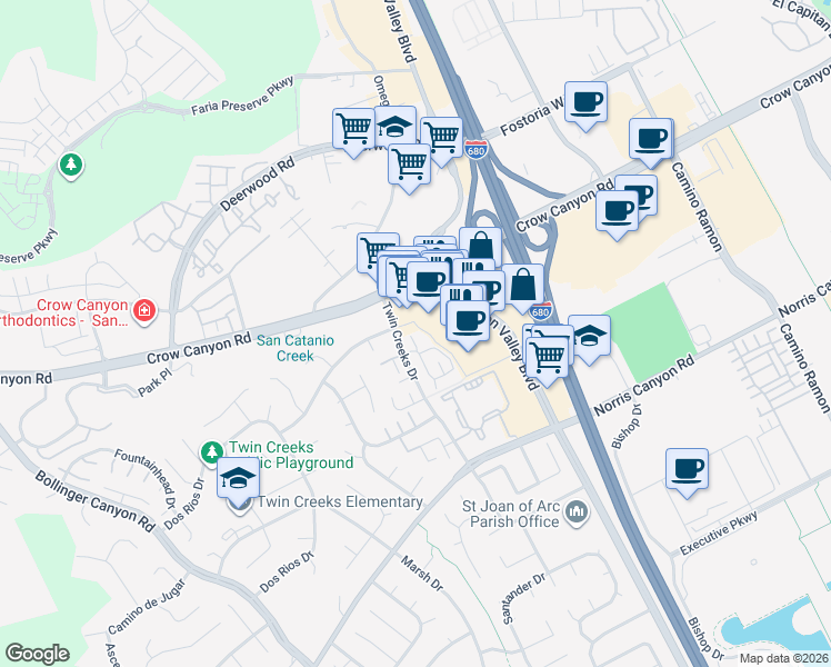 map of restaurants, bars, coffee shops, grocery stores, and more near 110 Compton Circle in San Ramon