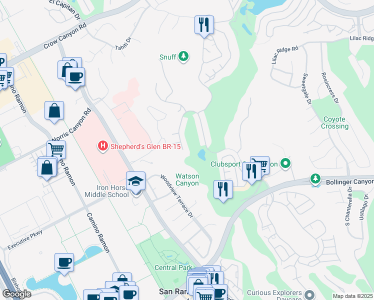 map of restaurants, bars, coffee shops, grocery stores, and more near 2520 Canyon Lakes Drive in San Ramon
