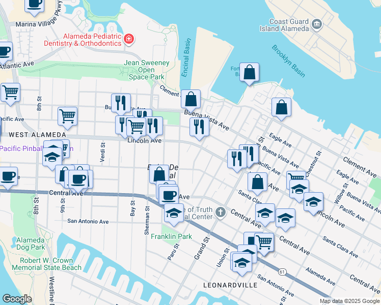 map of restaurants, bars, coffee shops, grocery stores, and more near 15 Powers Court in Alameda