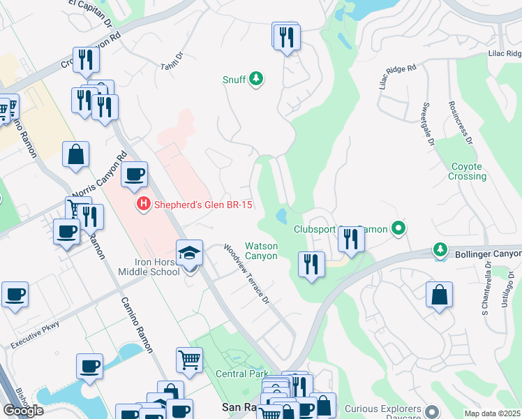 map of restaurants, bars, coffee shops, grocery stores, and more near 2520 Canyon Lakes Drive in San Ramon