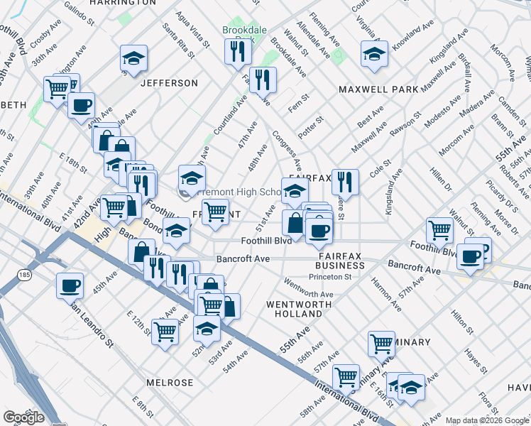 map of restaurants, bars, coffee shops, grocery stores, and more near 2105 51st Avenue in Oakland