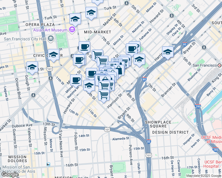map of restaurants, bars, coffee shops, grocery stores, and more near 56 Ringold Street in San Francisco