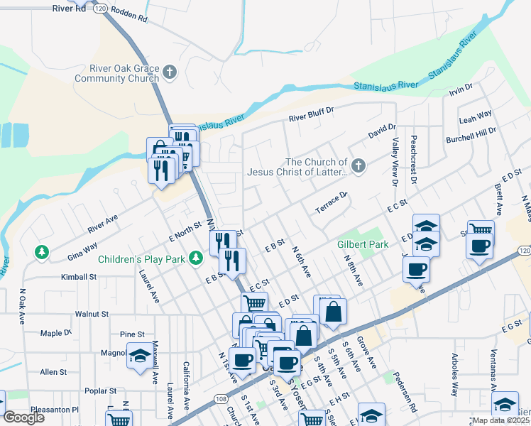 map of restaurants, bars, coffee shops, grocery stores, and more near 640 East A Street in Oakdale