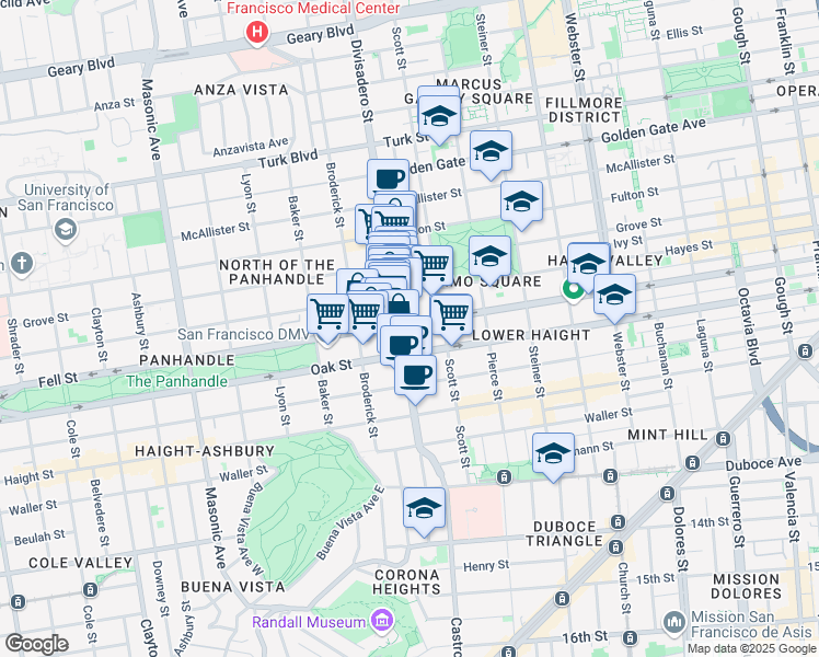 map of restaurants, bars, coffee shops, grocery stores, and more near 1175 Fell Street in San Francisco