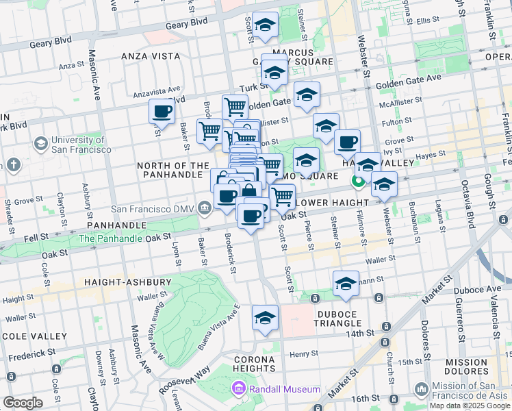 map of restaurants, bars, coffee shops, grocery stores, and more near 1175 Fell Street in San Francisco