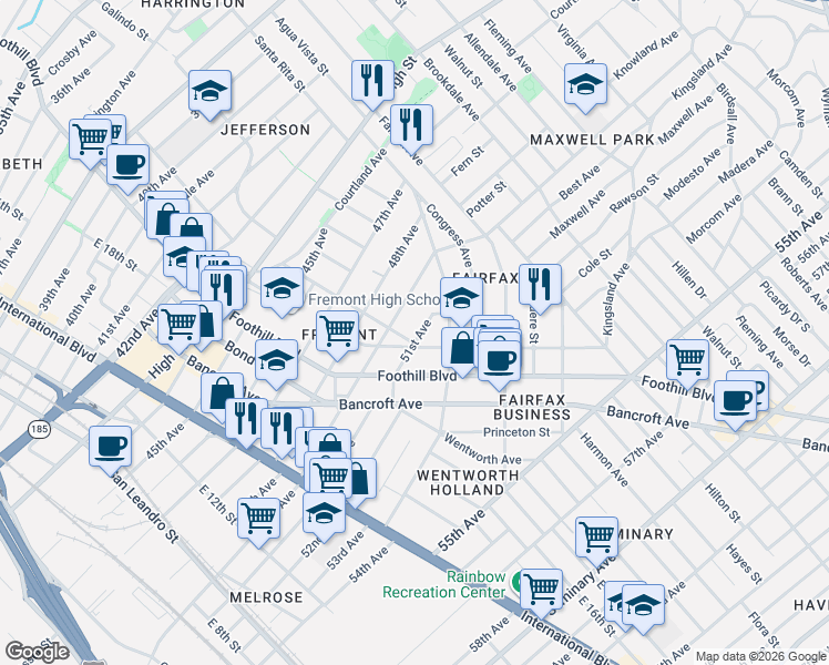 map of restaurants, bars, coffee shops, grocery stores, and more near 2105 51st Avenue in Oakland