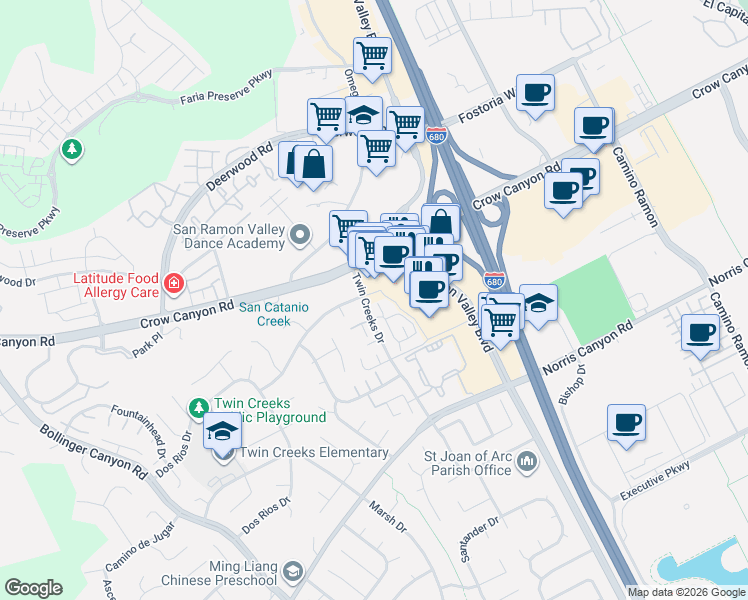 map of restaurants, bars, coffee shops, grocery stores, and more near 2790 Canyon Creek Drive in San Ramon