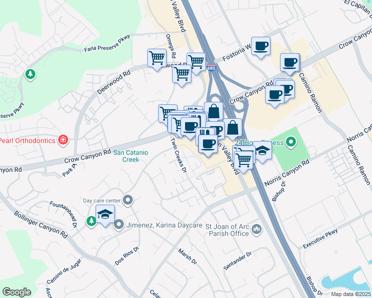 map of restaurants, bars, coffee shops, grocery stores, and more near 2435 San Ramon Valley Boulevard in San Ramon