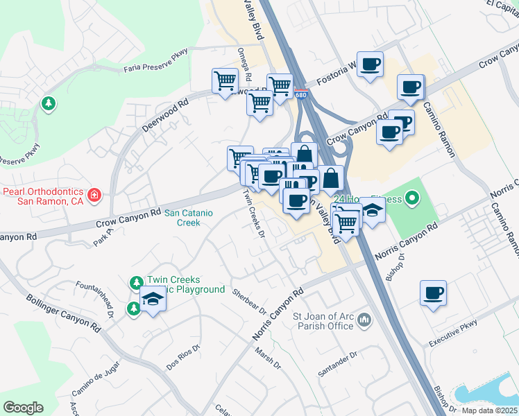 map of restaurants, bars, coffee shops, grocery stores, and more near 2435 San Ramon Valley Boulevard in San Ramon