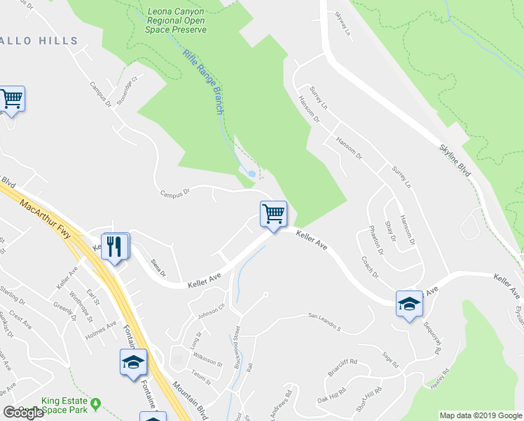 map of restaurants, bars, coffee shops, grocery stores, and more near 13895 Campus Drive in Oakland