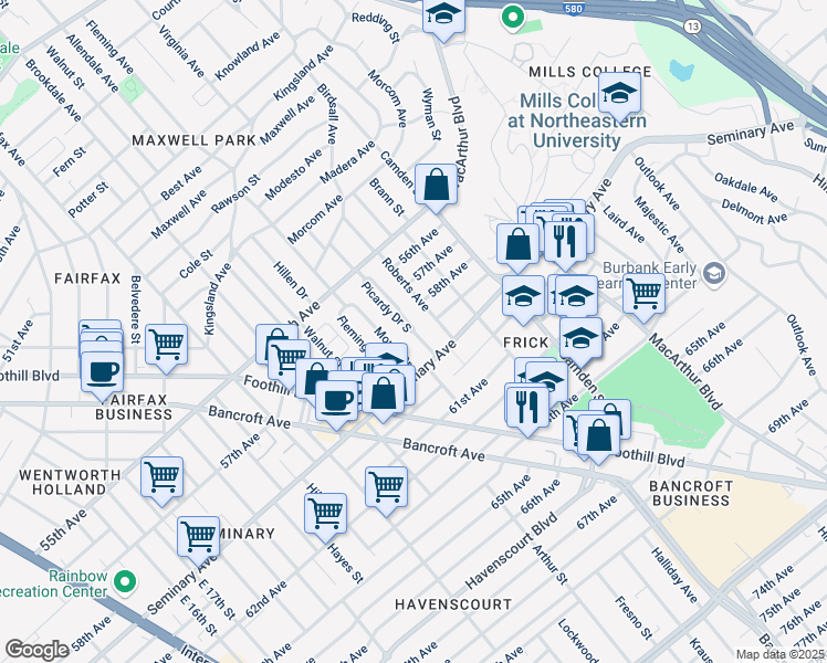 map of restaurants, bars, coffee shops, grocery stores, and more near 5821 Roberts Avenue in Oakland