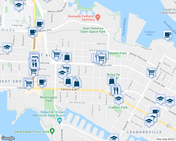 map of restaurants, bars, coffee shops, grocery stores, and more near 1040 Lincoln Avenue in Alameda